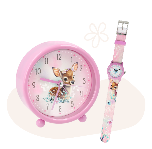 Ein Wecker und eine Armbanduhr für Kinder mit rosa Reh-Motiv