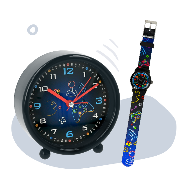Ein Wecker und eine Armbanduhr für Kinder mit buntem Controller-Motiv